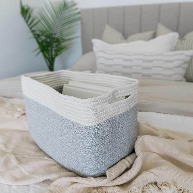 OrganiHaus Woven Basket for Storage, Baby Room Furniture, Decorative Towel Baskets for Bathroom, Cotton Rope Basket for Storage, Woven Baskets for Organizing, Rectangular Storage Basket, Grey-Ruum Studio Home