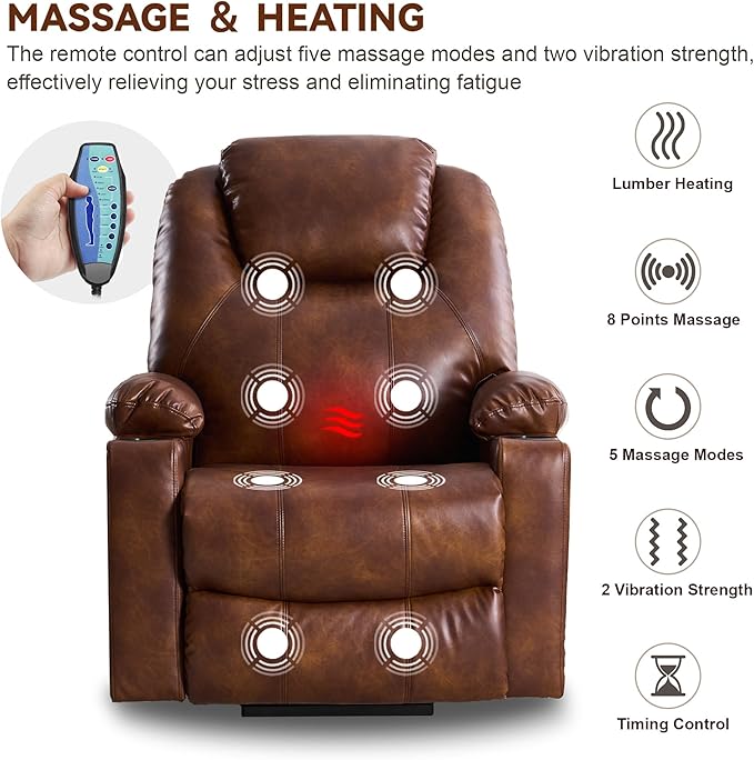 SALOHZA Power Lift Recliner Chair for Elderly with Massage and Heat for Living Room, Electric Recliner Chair for Adults with USB/Type C Port/Cup Holders, PU Faux Leather, Light Brown-Ruum Studio Home