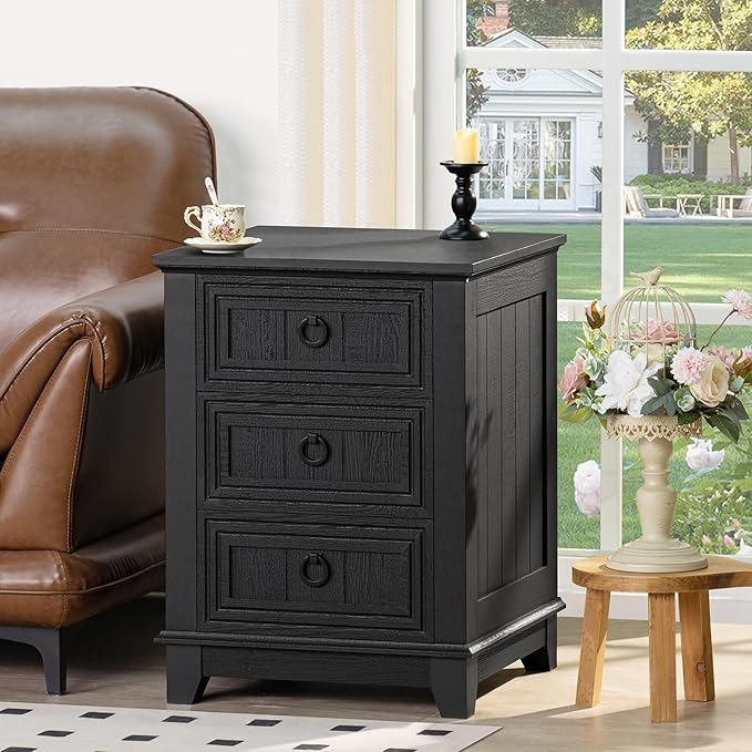 18" Farmhouse Night Stand with 3 Drawers, Wood End Table Dresser for Bedroom, Black Nightstand, Bed Side Table with Metal Handle, Bedside Cabinet for Bedroom Living Room, Closet-Ruum Studio Home