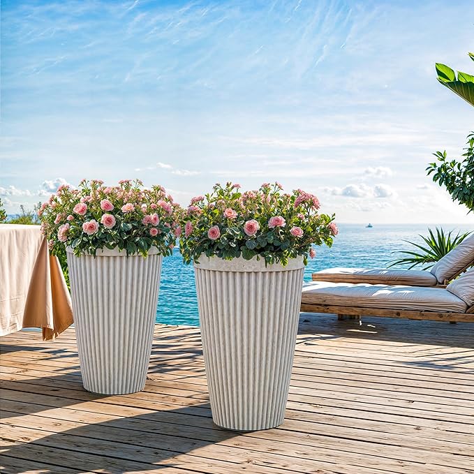 20" Resin Tall Planters for Outdoor Plants, Set of 2 Vintage Gray Large Flower Pots with Handmade Fluted Texture, Heavy-Duty and Weather-Resistant for Year Round Indoor Outdoor use-Ruum Studio Home