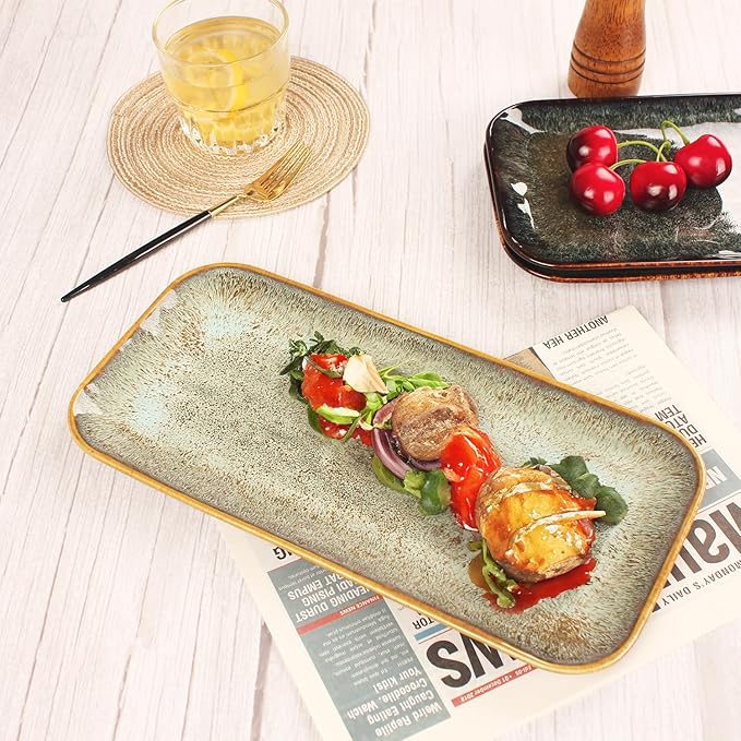 Ceramic Dinner Plates Dish Set, Set of 4, Microwave Oven and Dishwasher Safe,Scratch Resistant, Dinnerware Kitchen Porcelain Serving Dishes Brown glaze change, 12.4 Inch Rectangle plate-Ruum Studio Home