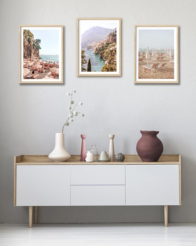 HesenDot Natural OAK Wood Framed Italy Coastal Wall Art,12x16in Amalfi Coast Canvas Wall Print,Positano Seascape Boho Poster Wall Decor for Living Room,Bedroom,Office Gallery Set of 1-Ruum Studio Home