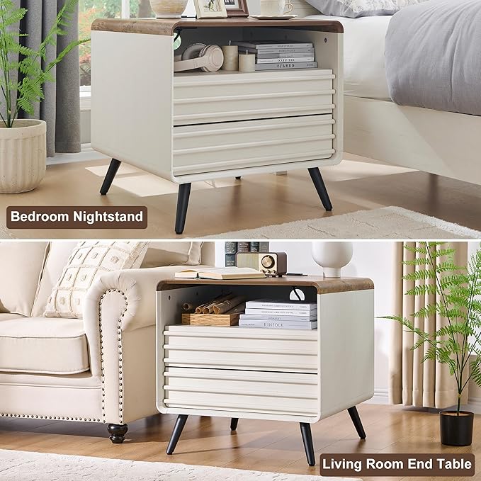 RedLemon 24" Nightstand Set of 2 with Charger Station, Mid Century Modern Fluted End Table with 2 Drawers，Wooden Side Table with Open Cubby Storage for Living Room, Bedroom, Office (Antuique White)-Ruum Studio Home