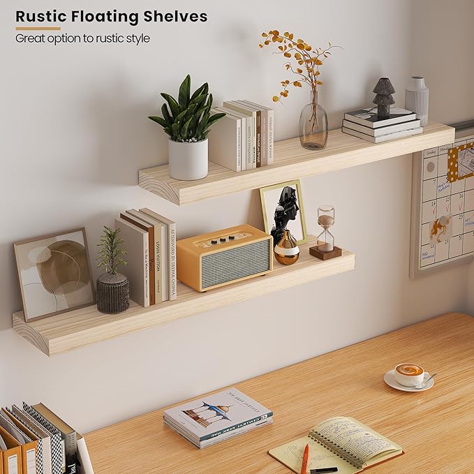 Light Wood Floating Shelves 36”x 8”x 1.4” Book Shelf Floating for Wall Mounted, Heavy Duty Shelf Hold 80 lbs, Unfinished Rustic Wall Shelves for Bedroom, Living Room, Kitchen, Office, Laundry Room-Ruum Studio Home