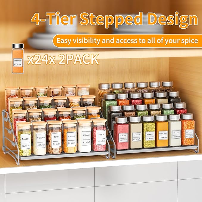 RCHYFEED 4 Tier Spice Rack Organizer, Spice Organization for Cabinet,Pantry, Countertop,Tiered Spice Rack Easy Visibility,Depth Expandable Seasoning Shelf for Kitchen Cabinet Organizer,Silver,2 PACK-Ruum Studio Home