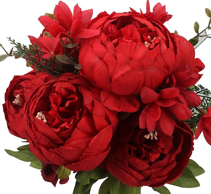 Duovlo Springs Flowers Artificial Silk Peony Bouquets Wedding Home Decoration,Pack of 1 (Spring Red)-Ruum Studio Home