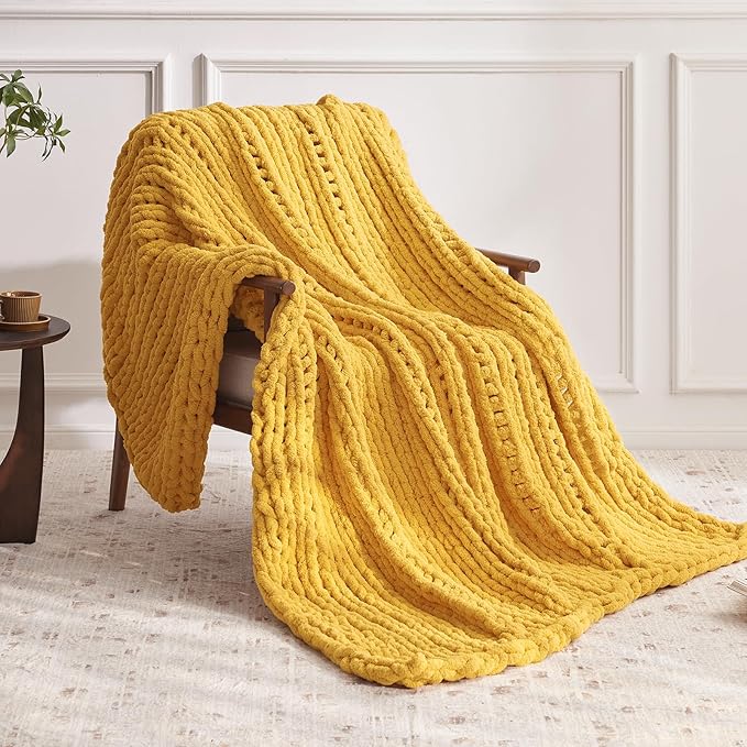 Chunky Knit Throw Blanket, 60''*80'' Knitted Throw Chenille Yarn for Bed Couch, Handmade Yellow Crochet Big Thick Blanket, Machine Washable Cute Comfy Blanket for Home Decor-Ruum Studio Home