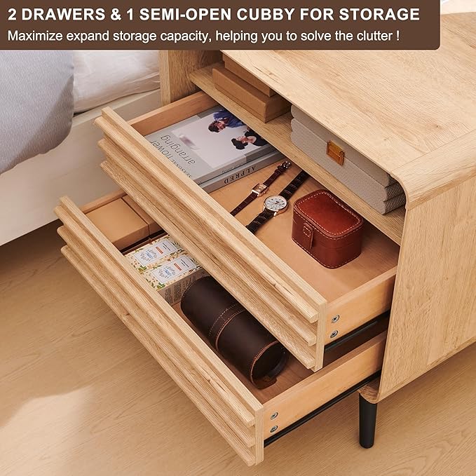 RedLemon 24" Nightstand Set of 2 with Charger Station, Mid Century Modern Fluted End Table with 2 Drawers, Wooden Side Table with Open Cubby Storage for Living Room, Bedroom, Office(Natural Oak)-Ruum Studio Home