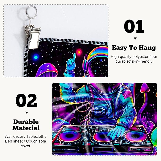 BVBOX Astronaut Space Blacklight Tapestry 79"x59", UV Reactive Astronaut DJ Universe Galaxy Planet Glow in Dark Music Tapestries, Black Light Neon Upright Poster Wall Hanging Backdrop Decor for Bedroom Living Room-Ruum Studio Home