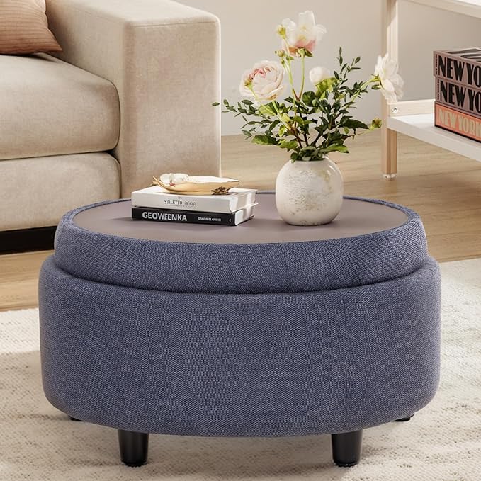 COLAMY Fabric Round Storage Ottoman with Reversible Tray Lid – Multi-Functional Footrest, Hidden Storage, Sturdy & Stylish Small Coffee Table for Living Room, Bedroom, or Entryway(Blue)-Ruum Studio Home