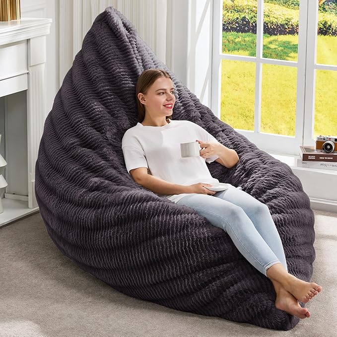 Hobestluk 3 in 1 Bean Bag Chair Giant Bean Bag Chairs for Adults with Ripple Cover Convertible Bean Bag Floor Cushion with Machine Washable Cover for Living Room (Ripple Dark Grey)-Ruum Studio Home