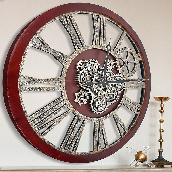The B-Style Large Real Moving Gears Wall Clock 30 inch Rustic Retro Industrial Farmhouse Wood Clock Oversized Decorative Vintage Wall Clocks for Living Room (Black walunt Wood and Bronze)-Ruum Studio Home