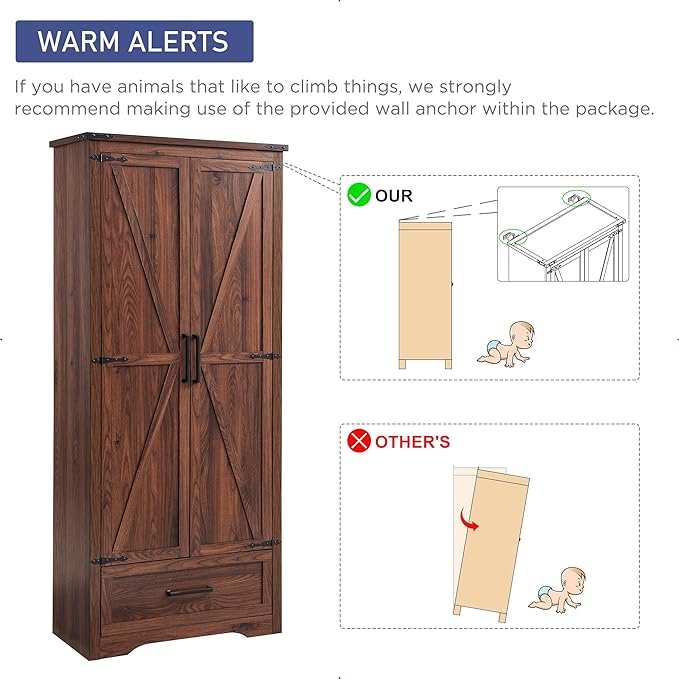 JXQTLINGMU Farmhouse Kitchen Pantry Cabinet - 72" Tall Wood Kitchen Storage Cabinets with Adjustable Shelves & 2 Barn Doors & Drawer, Versatile Storage for Dining Room, Bathroom, Rustic Brown-Ruum Studio Home