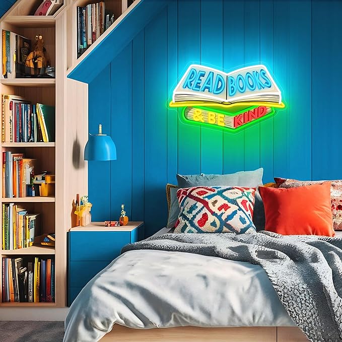 SELICOR Read Books & Be Kind Neon Signs for Wall Decor-Teacher Appreciation Gift,Adjustable LED Book Neon Light Up Sign for Reading Room Study Room Classroom Bookstore Library Museum Cafe Bedroom-Ruum Studio Home
