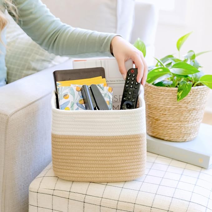 NaturalCozy Storage Cubes 9”x9”x7”Cotton Rope Woven Baskets for Organizing 3-Pack | 9 Inch Cube Storage Bin | Small Basket for Shelf Nursery, Pantry, Decorative Plant, Bathroom Closet, Toy Gift-Ruum Studio Home