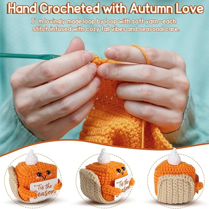 Tis The Season Fall Decor | Mini Crochet Pumpkin Pie Plush | Small Handmade Autumn Halloween Thanksgiving Items for Home Office Indoor Table Decoration Christmas Stocking Stuffer Ornament-Ruum Studio Home