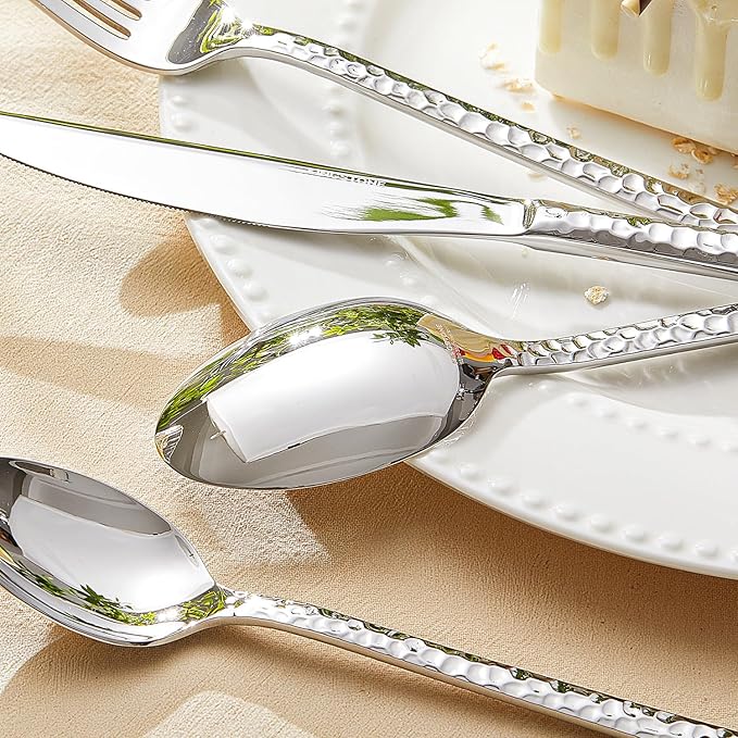 KINGSTONE 60 Piece Hammered Silverware Set, 18/10 Stainless Steel Flatware Set for 12, Cutlery Set for Home, Party, Wedding, Mirror Polished Dishwasher Safe-Ruum Studio Home