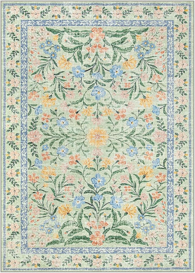 Wonnitar 10x14 Machine Washable Area Rugs, Green Floral Large Rugs for Living Room, Ultra-Thin Foldable Boho Flower Print Bedroom Carpet for Dorm Apartment Office-Ruum Studio Home
