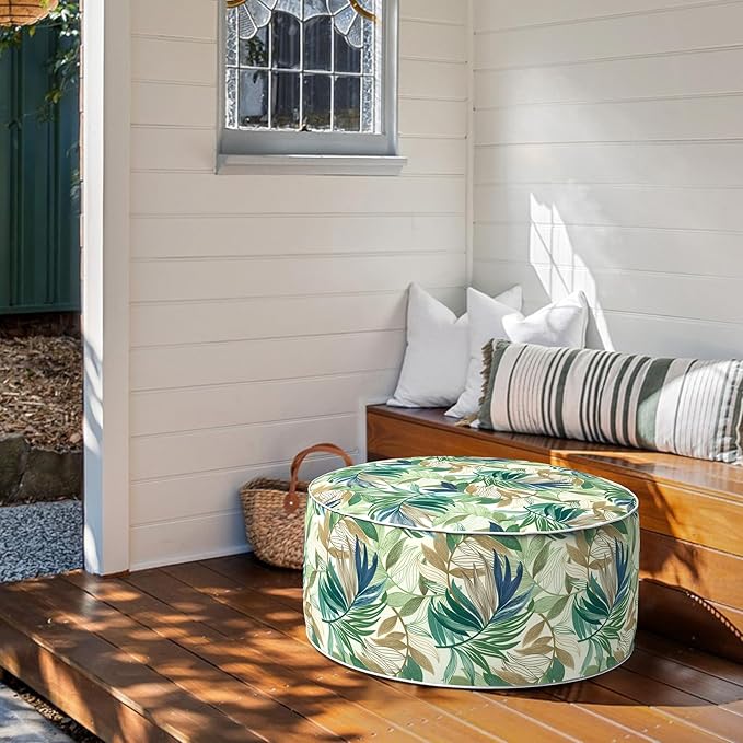Inflatable Ottoman Stool D31 xH14 for Outdoor/Indoor Use, Water Repellent Patio Foot Rest Stool with Portable Handle,Round Pouf Ottoman Suitable for Garden,Deck and Camping - Lush Leaf Green-Ruum Studio Home