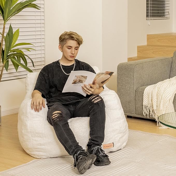 Bean Bag Chair with Filler, Bean Bag Sofa with Tufted Soft Stuffed Filling, Fluffy and Lazy Sofa, Comfy Cozy BeanBag Chairs with Memory Foam for Dorm, Apartment, Living Room (White)-Ruum Studio Home