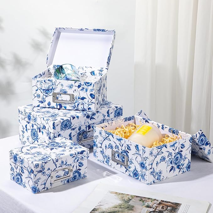 Briful Decorative Photo Storage Boxes with Lids, Set of 4 – Blue and White Porcelain Pattern, Nested Card Storage Box Organizer, Decorative Paperboard Box for Closet, Office, Gifts-Ruum Studio Home