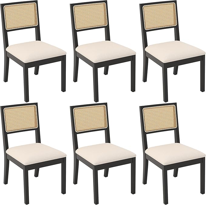 Westice Rattan Dining Chairs Set of 6, Farmhouse Natural Dining Room Chairs with Upholstered Cushion, Wood Armless Chairs for Kitchen/Restaurant, Black-Ruum Studio Home