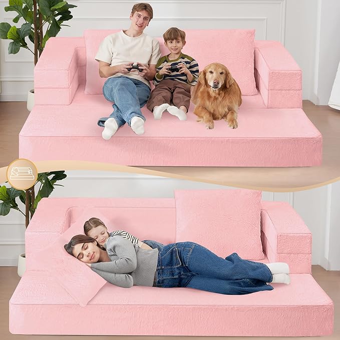 Folding Bean Bag Chair for Adults,3-in-1 Bean Bag Couch Faux Fur Floor Sofa Large Beanbag Convertible Bean Bag Sofa Bed with Pillow in Bedroom,Living Room,Apartment(Queen,Pink)-Ruum Studio Home