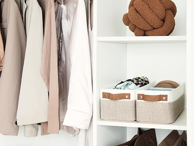 StorageWorks Narrow Storage Bins, Small Baskets for Organizing, Long Storage Basket with Handles, Fabric Storage Bins for Shelf, Brown and White, 2-Pack-Ruum Studio Home