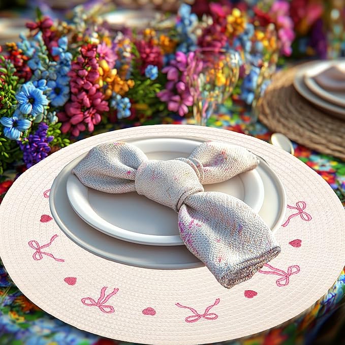 Whaline 4Pcs Round Placemats White Pink Bow Embroidered Place Mats Coquette Bowknot Heart Dinner Table Mats for Home Wedding Baby Shower Birthday Party Decor-Ruum Studio Home