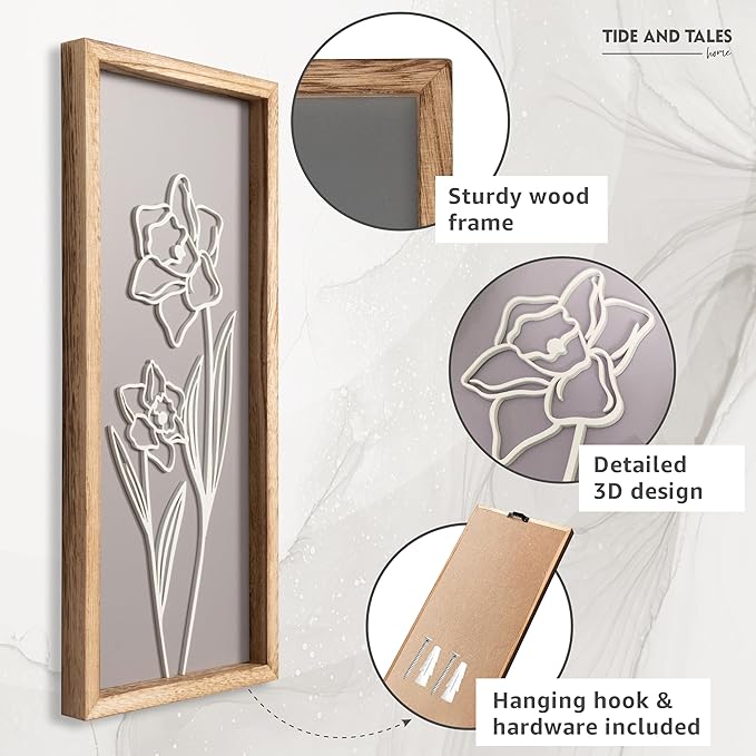 3D Wooden Floral Bathroom Wall Decor (Set of 4) Lightweight, Ready-to-Hang Framed Wall Art For Living Room, Bedroom, or Office - Premium Boho Botanical Farmhouse Decorations - Gift-Boxed-Ruum Studio Home