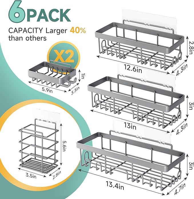 Veken 6-Pack Rustproof & Waterproof Shower Caddy, Adhesive Shelves Rack, Large Capacity Bathroom, College Dorm & Apartment Organizers, No-Drill Wall Mount Living Room & Bedroom Decor, Light Grey-Ruum Studio Home