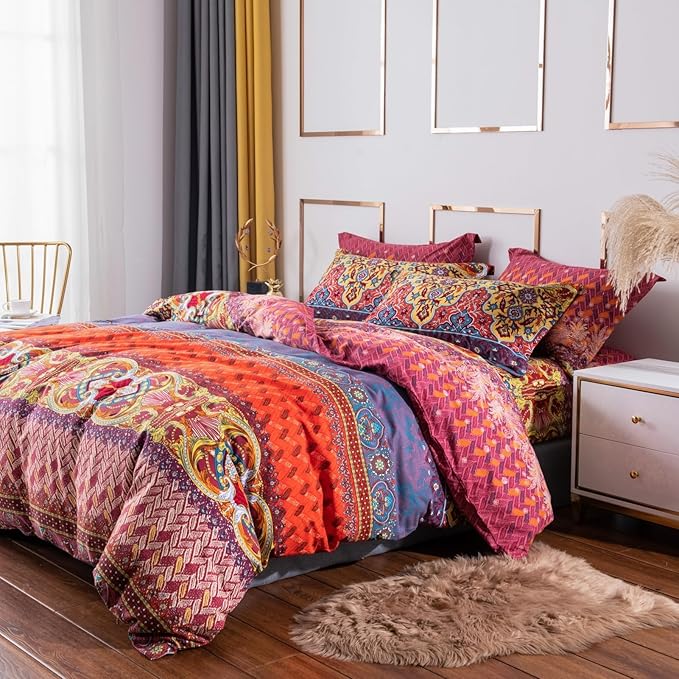 ABREEZE Bohemian Duvet Cover Set Colorful Orange Boho Retro Bedding Set Damask Paisley Cotton Duvet Cover Tribal Reversible Bedding Exotic Style Comforter Cover 3-Piece Queen-Ruum Studio Home