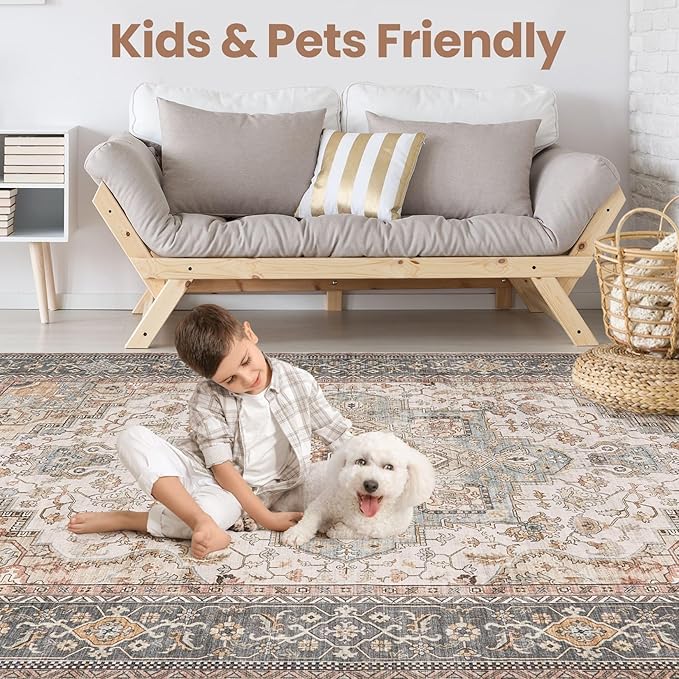 Washable Area Rugs for Living Room - 9x12 Neutral Vintage Distressed Floral Farmhouse Boho Large Soft Floor Rug Indoor Non Slip Carpet for Bedroom Dining Room Office -Forest Green Orange-Ruum Studio Home