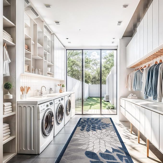 Beverly Rug Outdoor Runner Rug 2x7 Modern Floral Tropical Area Rugs for Indoor and Outdoor Patio Easy to Clean Non Shedding Living Room Porch Garden Washable Outside Carpet (2 x 7 Blue)-Ruum Studio Home