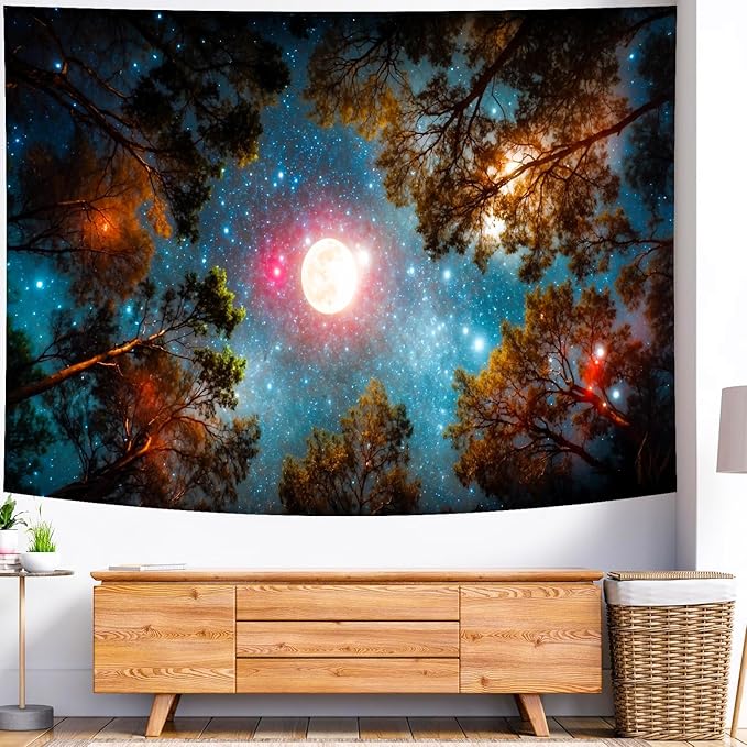 Delur Forest Tapestry Galaxy Moon Stars Night Space Starry Sky Wall Hanging Tapestry Aesthetic Tree Nature Landscape Psychedelic Headboard for Bedroom Living Room Home Decor (70.8" x 92.5")-Ruum Studio Home