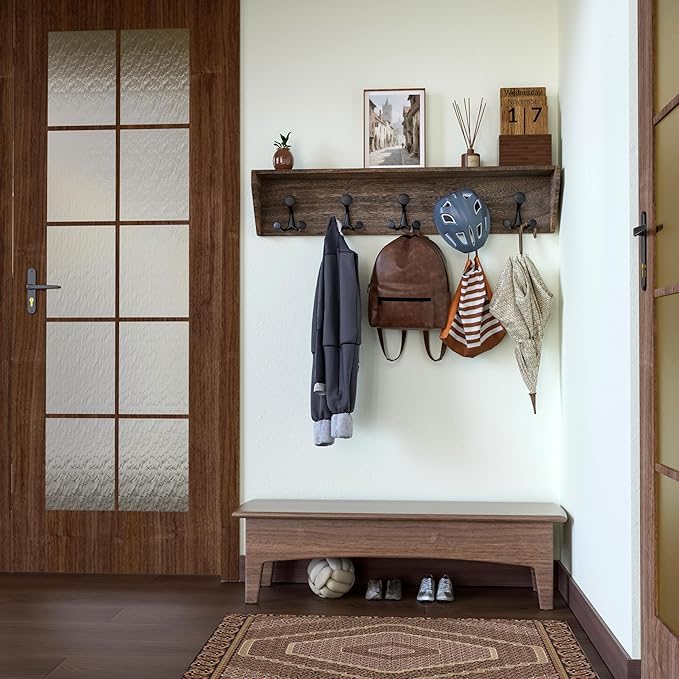 SKOLOO Wall Shelf with Hooks, 24-Inch Weathered Brown Coat Rack Wall Mount with Shelf Organizer - Lightweight & Sturdy, 5 Tri Hooks - Perfect for Entryway, Hallway, Living Room, Bedroom, Mudroom-Ruum Studio Home