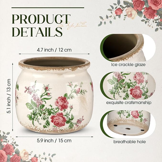 Vintage Planter Large Ceramic Plants Pot Beige Pink French Rose Ice Crack Cottage Scroll Vase Flower Vase Pot Indoor Plants Home Kitchen Decor Farmhouse Antique Decorative Gifts-Ruum Studio Home