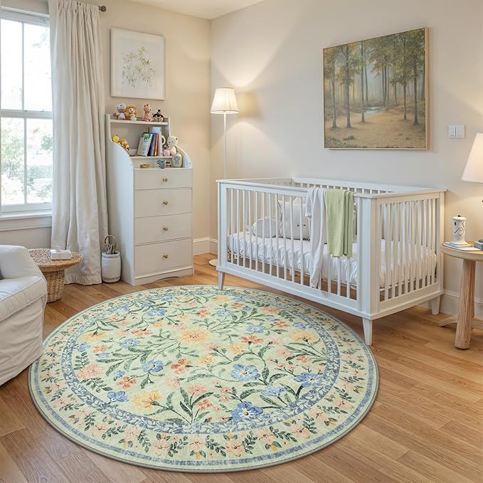Wonnitar Washable Floral Round Rug, 6ft Sage Green Round Area Rugs for Bedroom Nursery, Boho Non-Slip Indoor Large Circle Carpets for Dining Room Living Room Kids Playroom-Ruum Studio Home