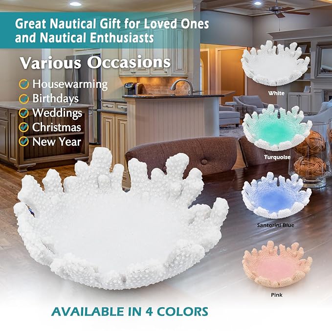 Accessoryway White Coral Textured Decorative Bowl,9.45" Medium Resin Decorative Centerpiece Bowl for Coastal Beach theme house table centerpiece decorations & Nautical decorations for coffee table-Ruum Studio Home