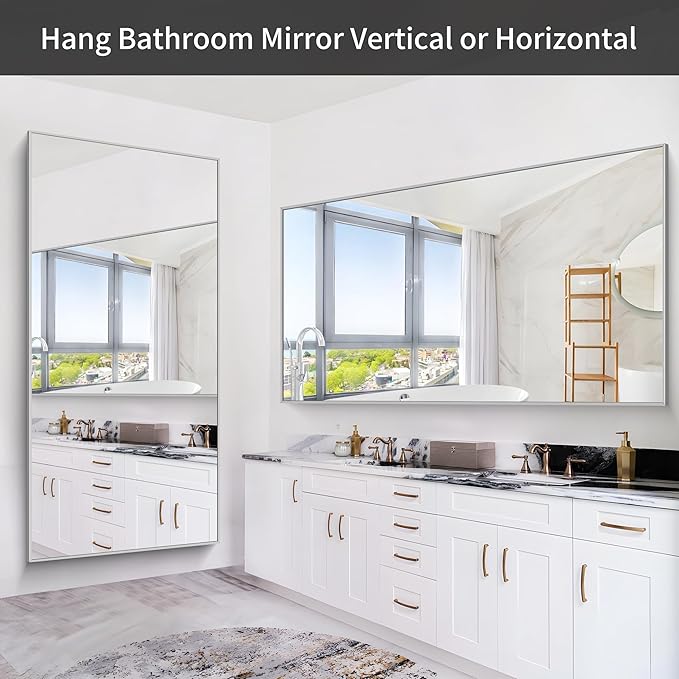 36x72inch Bathroom Mirror, Silver Rectangle Mirror with Thin Metal Frame, Large Rectangular Wall Mirrors for Bathroom, Living Roomm, Hair Salon, Big Farmehouse Mirror Hang Horizontal/Vertical-Ruum Studio Home