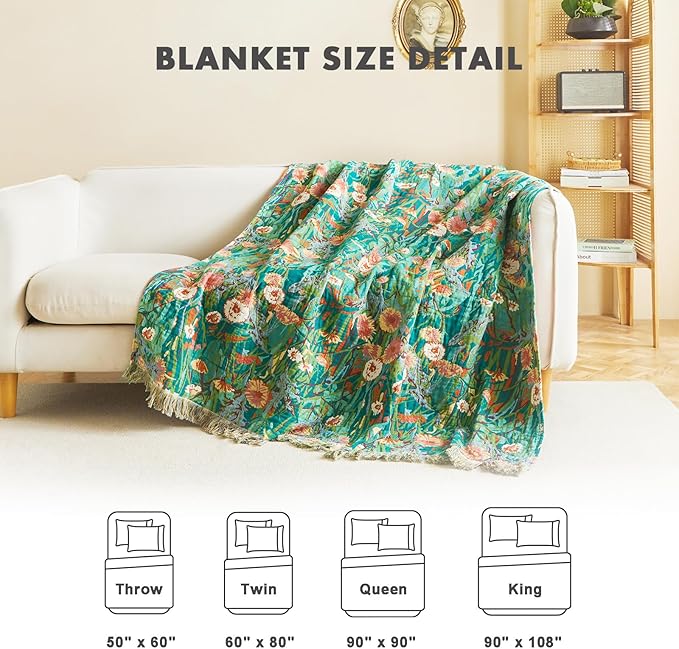 MSGKV Boho Throw Blanket for Couch Bed Chair 100% Cotton Muslin Breathable Floral Blanket 50"x60" Sofa Blankets for All Seasons Lightweight Farmhouse Blankets Boho Home Decor-Ruum Studio Home