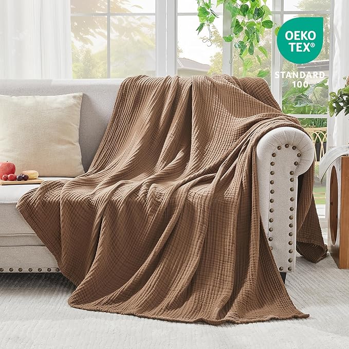 EMME Cotton Muslin Throw Blanket Couch Breathable Gauze Blanket Soft Lightweight Blankets Adults (Brown, 50"x60")-Ruum Studio Home