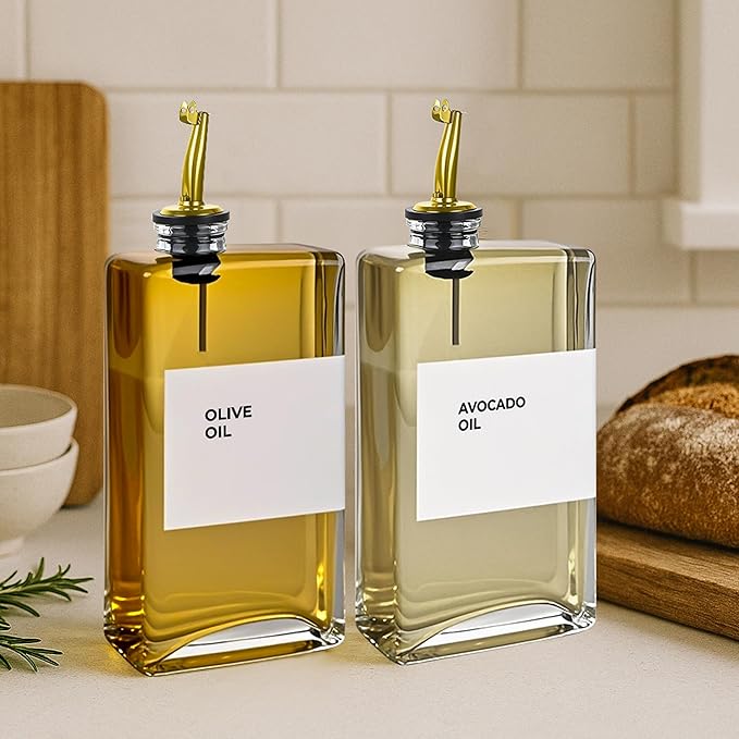 Olive Oil Dispenser Bottle - Includes 44 Kitchen Essential Labels - Cooking Oil Bottles for Kitchen, Coffee Syrup Dispenser - Pourer Spout with 11.8 fl oz Glass Container Cruet - 4pcs, Gold-Ruum Studio Home