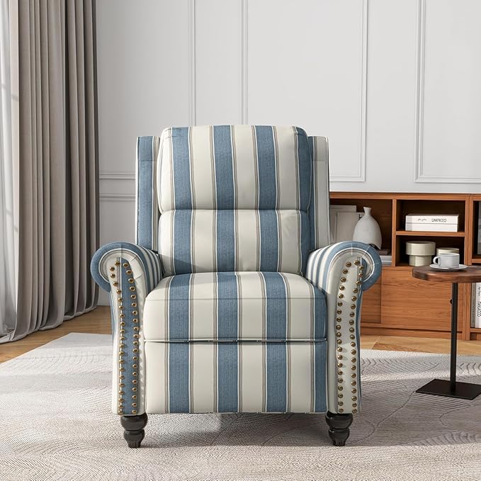 UIXE Pushback Recliner Chairs Set of 2, Fabric Overstuffed Armchair Push Back Accent Chair for Living Room, Rivet Trim Club Chair Home Theater Bedroom Side Reading Seats - Strip Navy-Ruum Studio Home