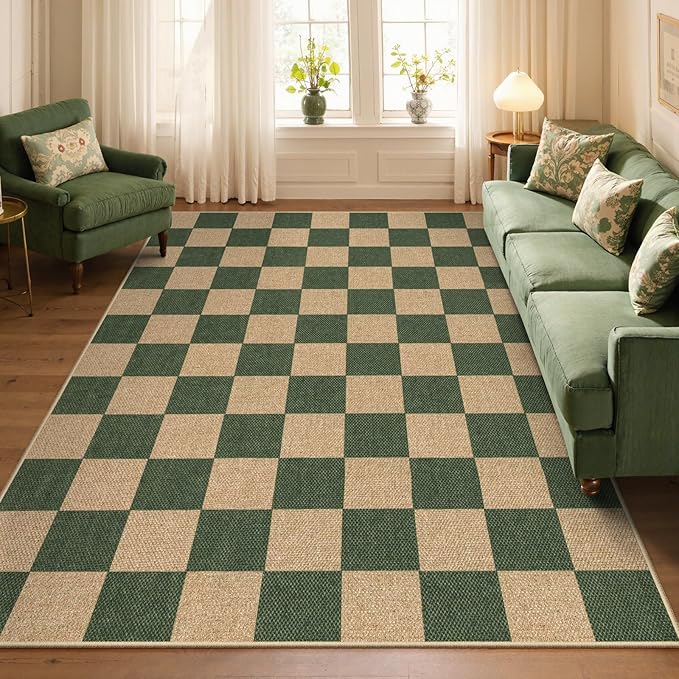 Lahome Checkered Easy Jute Dining Room Rug, 5x7 Indoor Outdoor Rugs for Patio Living Room, Neutral Checkerboard Non Slip Low Pile Green Carpet for Bedroom Office Backyard-Ruum Studio Home