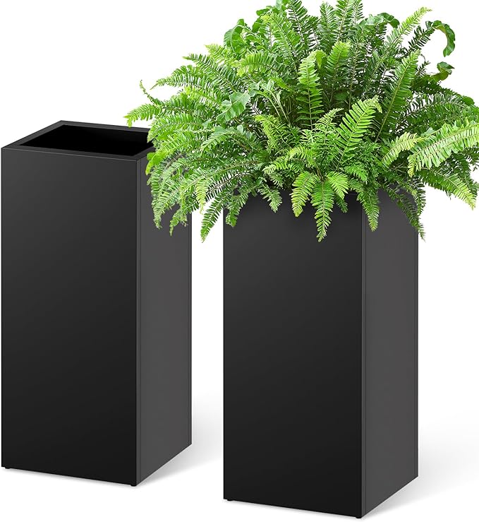 Stoog 30" Tall Planters for Outdoor Plants, All-Weather Metal Planter Boxes Set of 2, with Removable Insert Shelf, Modern Design, Indoor/Outdoor Use, Black-Ruum Studio Home