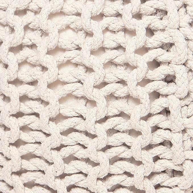 REDEARTH Round Pouf Ottoman –18"x18"x14" Hand-Knitted Cotton Pouffe –Cable Footstool –Boho Dori Hassock –Pre-Stuffed Poof – Extra Seat -Poofy Footrest for Living Room, Bedroom, Nursery, Nook –Ivory-Ruum Studio Home