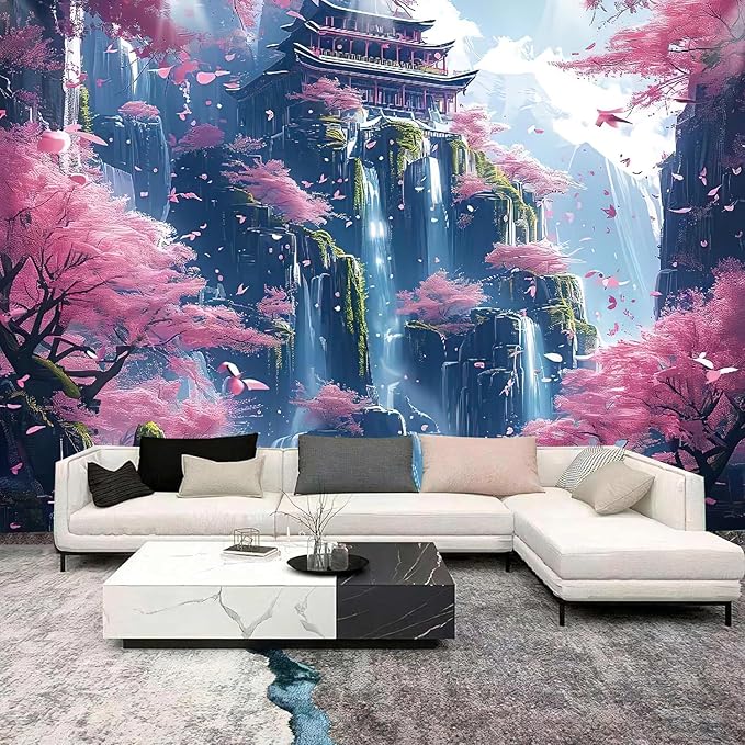 FENDROM Japanese Aesthetic Pink Cherry Blossom Tree Tapestry Building On Mountains Waterfall River Fairytale World Asian Art Tapestry for Bedroom Living Room-Ruum Studio Home