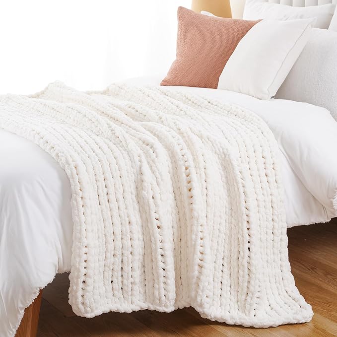 Battilo Chunky Knit Throw Blanket, Soft and Thick Chenille Throw Blanket, 50"x60" Handmade Cable Knit Crochet Blanket, Large Rope Knot Throw Blankets for Couch Sofa Bed Home Decor, Cream-Ruum Studio Home