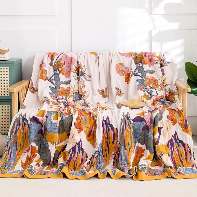 Snycler Boho Throw Blanket for Bed - 100% Cotton Ultra Soft Rustic Quilt - Watercolour Floral Printed Farmhouse Decor Bed Fall Blankets,80"×90" All Season Rustic Throw for Sofa Couch Chair-Ruum Studio Home